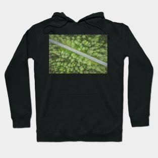 Empty road going diagonally through the forest top down aerial view Hoodie
